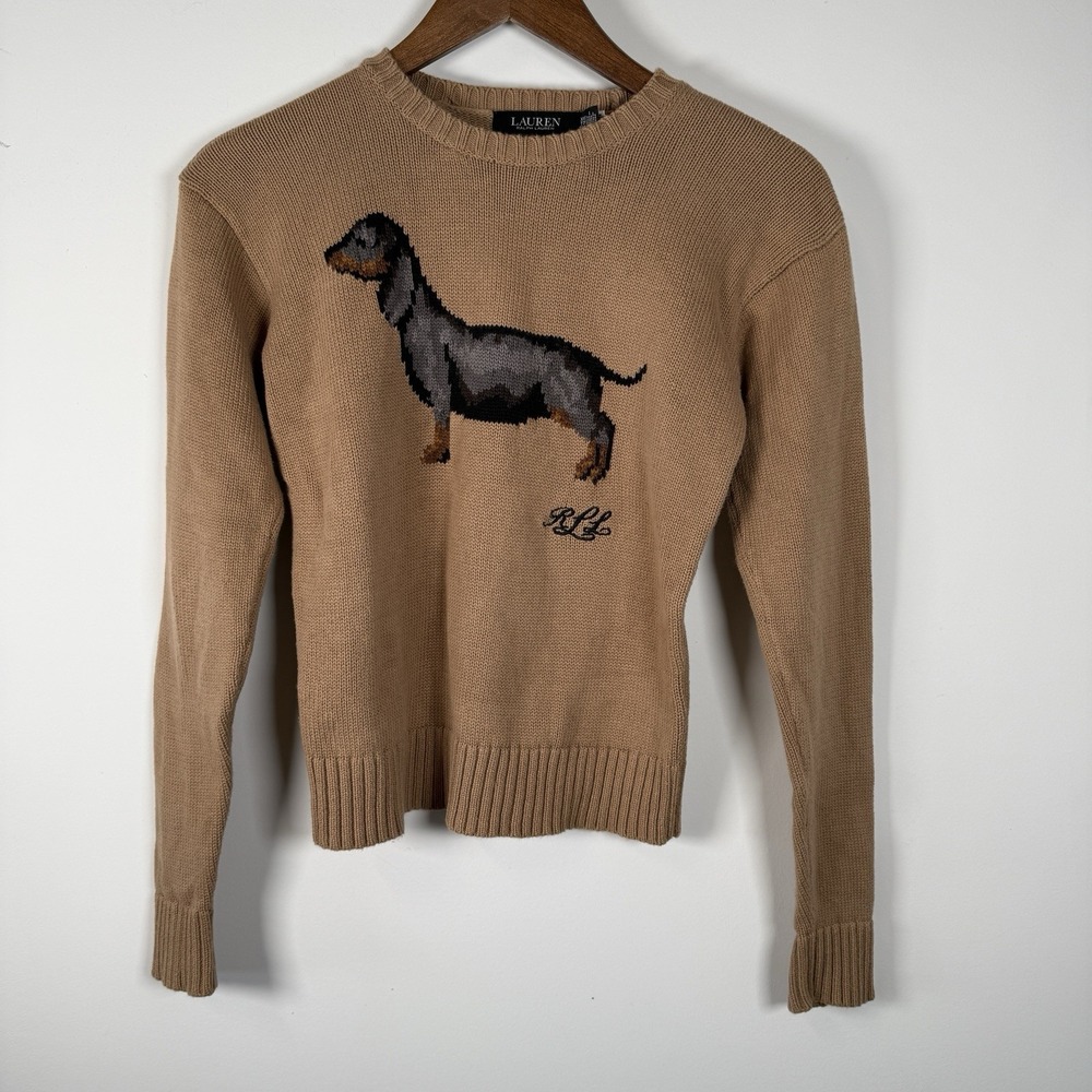 Lauren‎ Ralph Lauren Dachshund Dog Intarsia Sweater Knit Brown XXS
